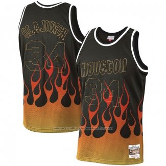 Maillot Houston Rockets Hakeem Olajuwon #34 Flames Noir