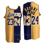 Maillot Los Angeles Lakers Kobe Bryant LeBron James #24 23 Split Jaune Volet