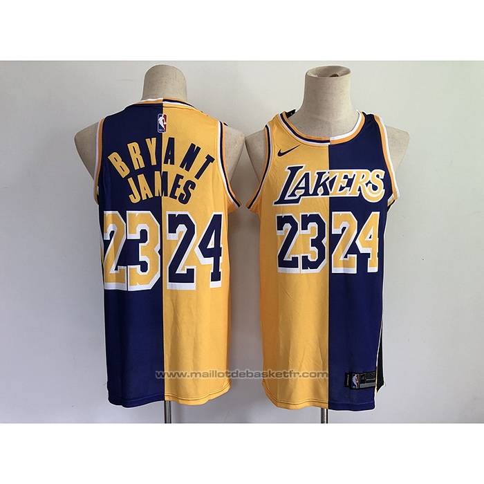 Maillot Los Angeles Lakers Kobe Bryant LeBron James #24 23 Split Jaune Volet